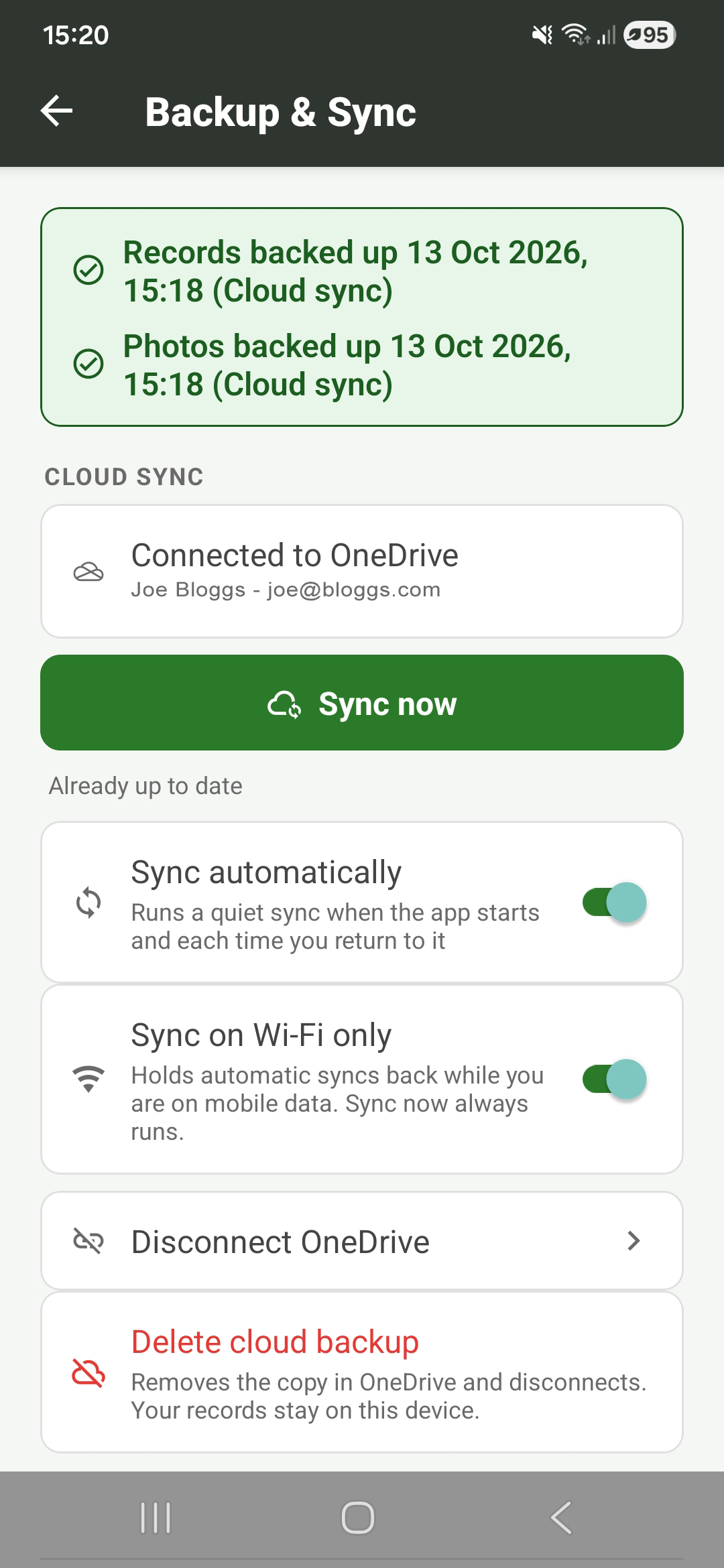 Cloud sync connected, showing the last sync time.