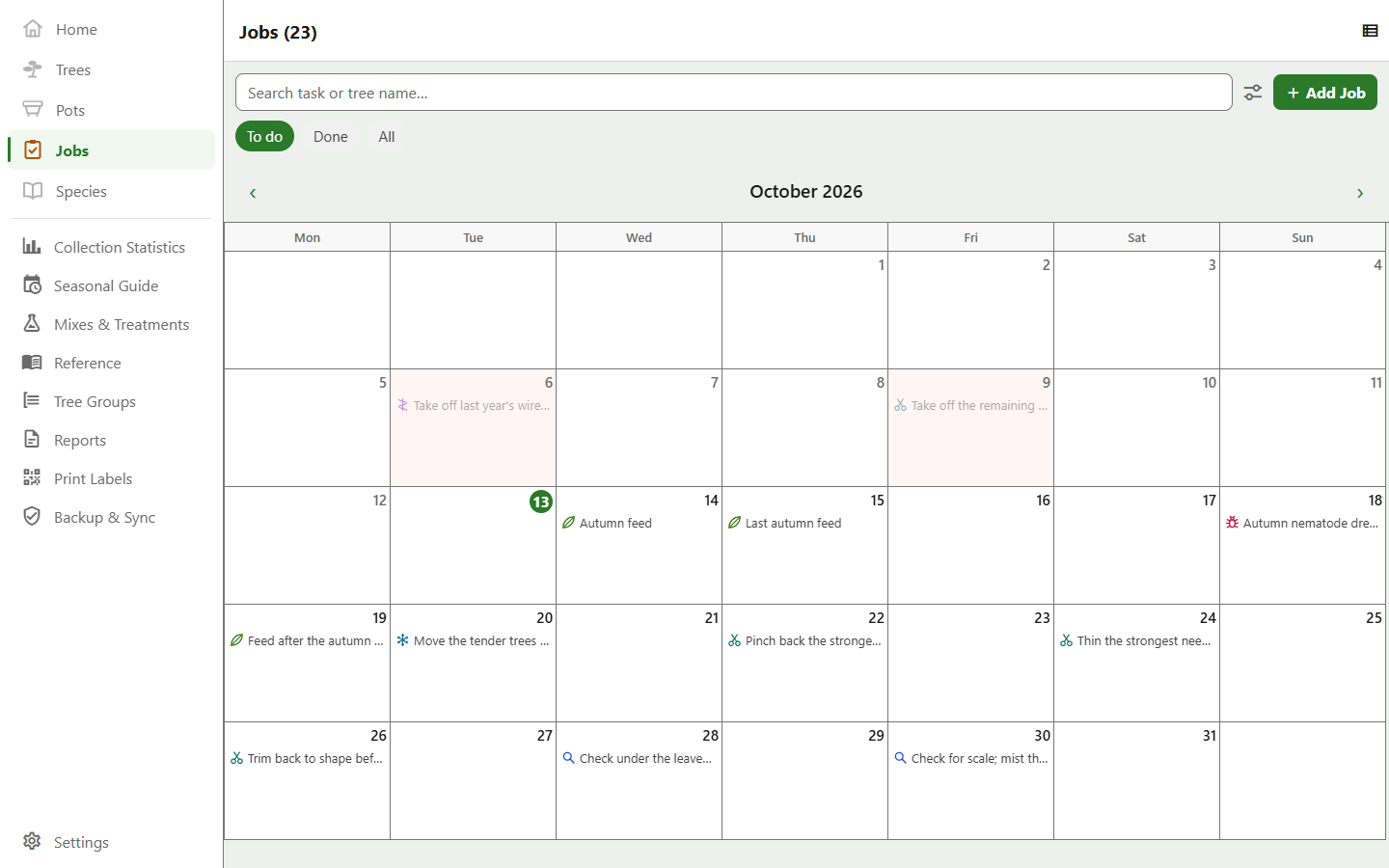 The jobs screen in calendar view, with markers on the days that have work due.