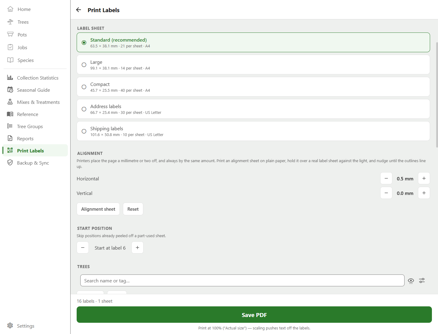 The label print screen: sheet preset, start position and the calibration nudge controls.