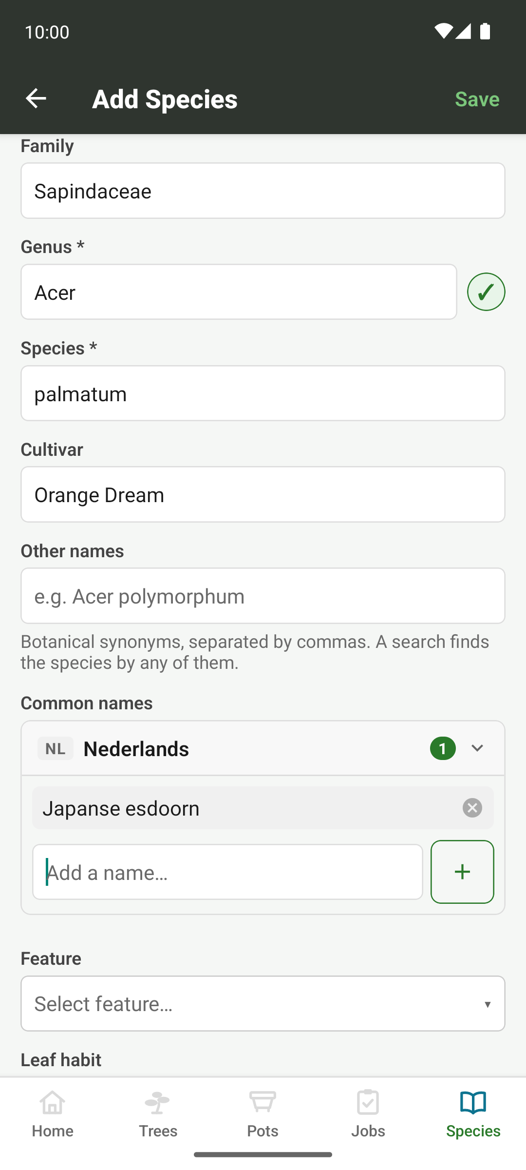 The add species form, with common names being entered in two languages.