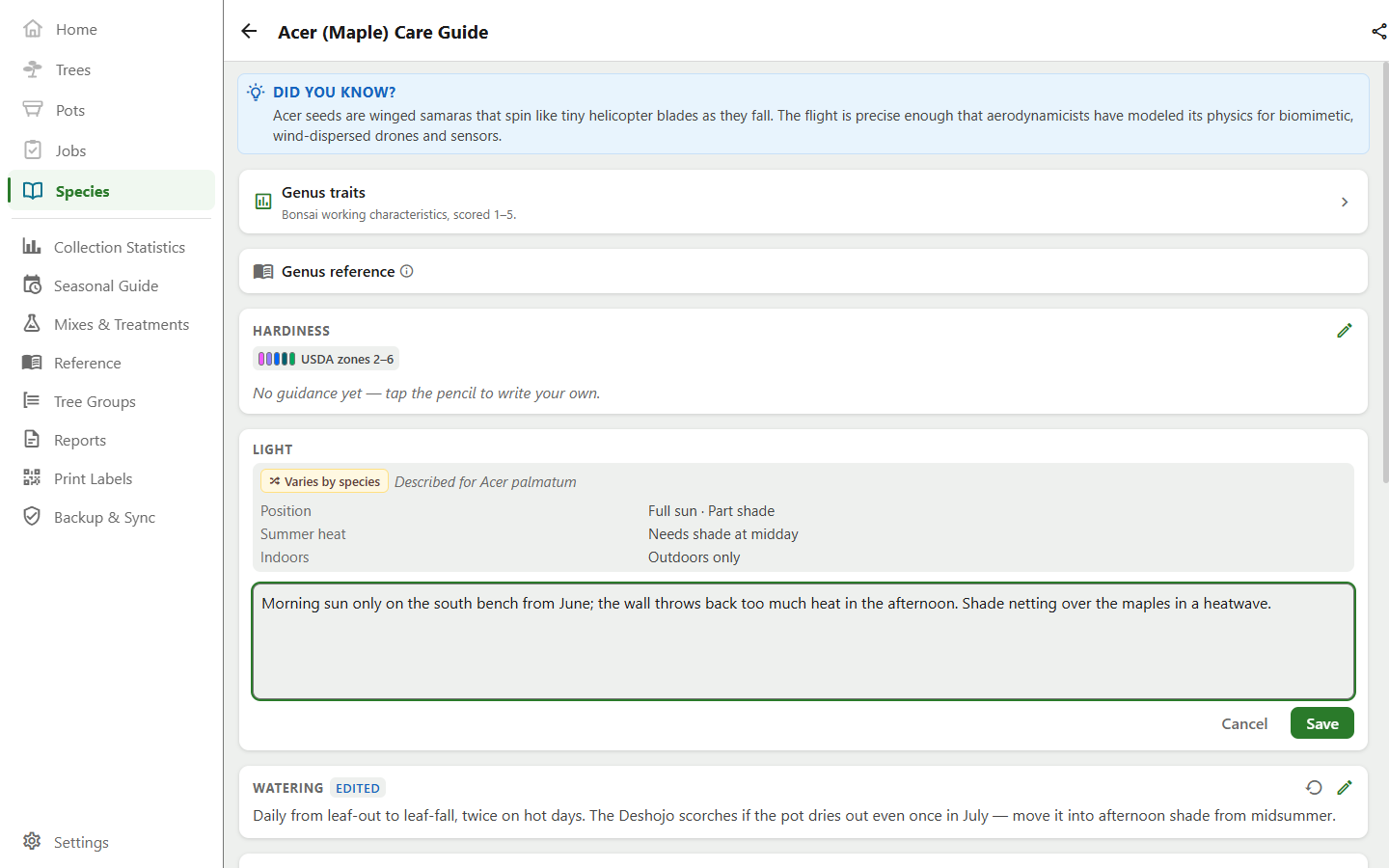 A genus care guide, with bundled facts heading a section and the grower's notes beneath.