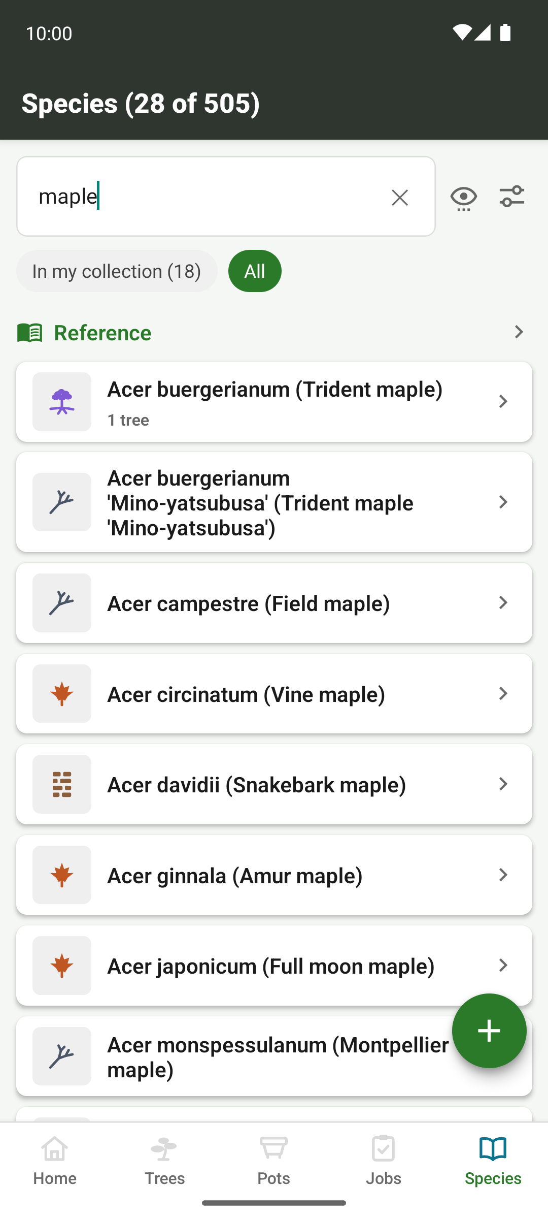 The species list, searched by a common name rather than a botanical one.