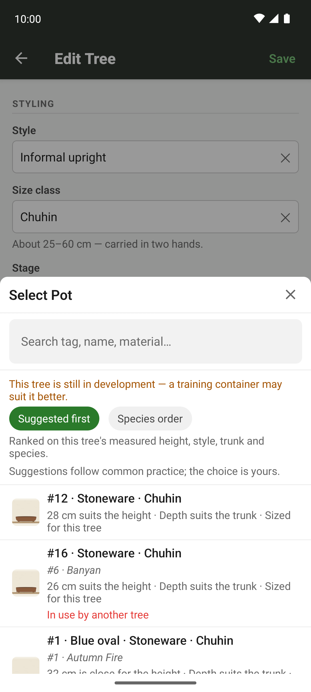 The pot picker for a tree, with suggested pots first and the reasons for each.
